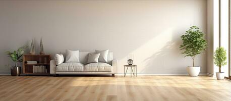 empty living room with vintage oak floor and striped vinyl wallpaper photo