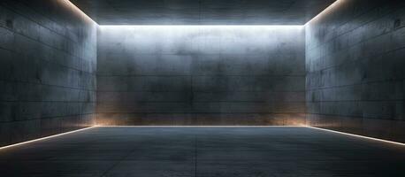 Rendered illustration of a dark abstract concrete room illuminated at night Architectural background photo