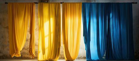 cortinas de amarillo y azul adornando un ventana foto