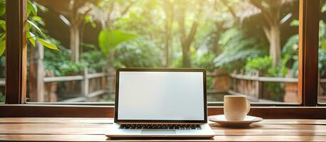 White laptop with blank screen placed on glass table near window and wooden chair Organized workspace idea photo