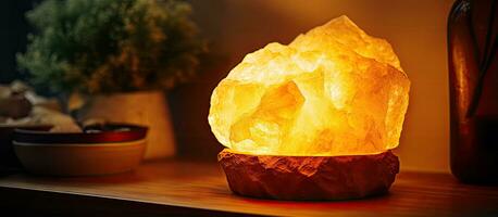 Himalayan salt lamp glows yellow promoting health and harmony near a window on a curbstone photo