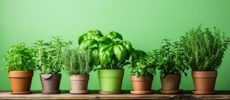 Indoor gardening during spring with decorative plants caring for them including a pot of fresh thyme photo