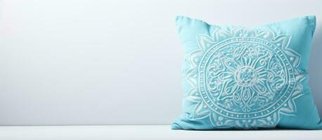 Blue pillow with decorations on a white surface photo