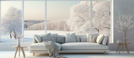 Scandinavian interior design featuring white living room with sofa and window displaying winter landscape in photo