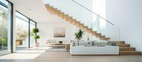 Modern house with white walls has a spacious room with a stairway that leads to a glass door living room photo