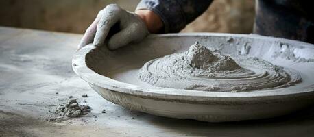 Preparing to apply construction by mixing cement on a tray photo