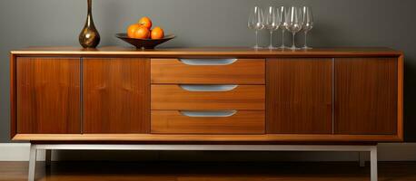 Modern teak dining buffet with stylish stainless steel accents for a beautiful home interior photo