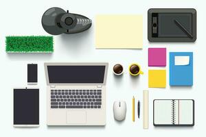 top view on desk objects vector