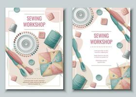 Flyer design set for sewing atelier, workshop. Poster with with threads, pins, pincushion, buttons. Hobby, needlework, light industry. A4 banners for advertising. vector