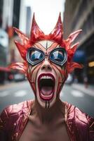 a woman with red hair and a spider mask on her face generative ai photo