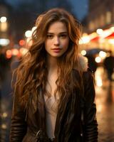 a beautiful young woman in a leather jacket standing on a street at night generative ai photo