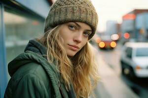 a young woman in a beanie standing on the street generative ai photo