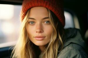 a beautiful young woman in a car wearing a red beanie generative ai photo