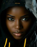 an african american woman in a black hoodie generative ai photo