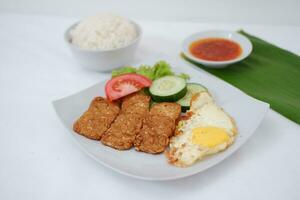 Fried tempeh cutlet with rice and fried egg on white plate photo
