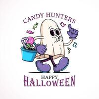 Happy Halloween cartoon illustration of a white cloth ghost carrying a tub of candy. Perfect for logos, mascots, t-shirts, stickers and posters vector