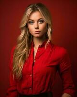 a beautiful blonde woman in a red shirt generative AI photo