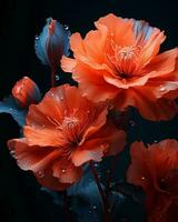 three orange flowers with water droplets on them generative ai photo
