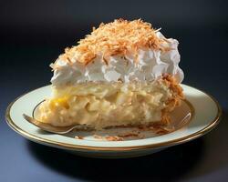 a slice of coconut cream pie on a white plate generative ai photo