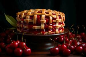 cherry pie on a wooden stand with cherries around it generative ai photo