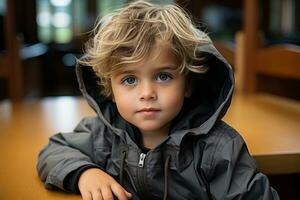 a young boy in a hoodie sitting at a table generative ai photo