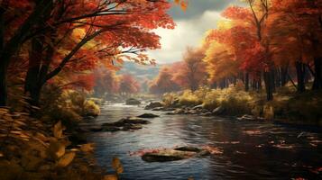 a river in the middle of an autumn forest generative ai photo