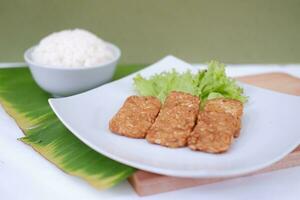 Fried tofu with rice on white dish and green leaf background. photo