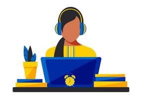 A young woman in headphones with a laptop and books sits at a table getting an education online remotely. Vector. vector