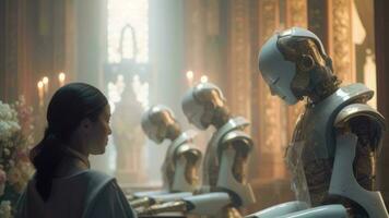 futuristic depiction of an android church and woman priest generative AI photo
