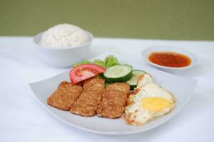 Fried tempeh cutlet with rice and fried egg on white plate photo