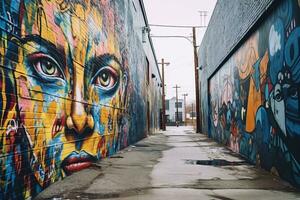 vistoso pintada en un pared en un callejón generativo ai foto