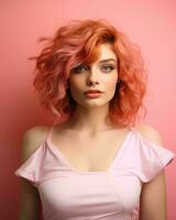 beautiful young woman with pink hair on a pink background generative AI photo