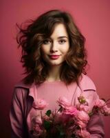 hermosa joven mujer con un ramo de flores de rosado rosas en un rosado antecedentes generativo ai foto