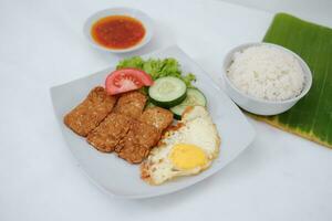 Fried tempeh cutlet with rice and fried egg on white plate photo