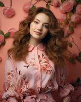 hermosa joven mujer con largo pelo y rosado vestir posando en frente de rosado flores generativo ai foto