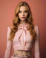 hermosa joven mujer con largo rojo pelo vistiendo rosado camisa y falda generativo ai foto