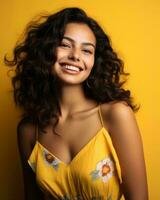 beautiful young woman with curly hair smiling on yellow background generative AI photo