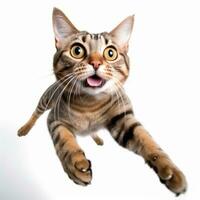 Bengala gato saltando en el aire en un blanco antecedentes generativo ai foto