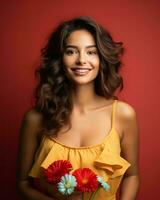 beautiful young woman with flowers on red background generative AI photo