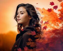 beautiful young woman with autumn leaves in the background generative AI photo