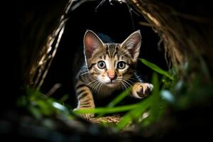 bengal kitten in a hole in the dark generative AI photo