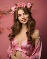 beautiful young woman in pink lingerie with flower wreath on pink background generative AI photo