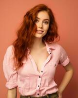 hermosa rojo peludo mujer en rosado camisa posando en contra rosado antecedentes generativo ai foto