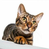 Bengala gato mirando arriba a el cámara en un blanco antecedentes generativo ai foto