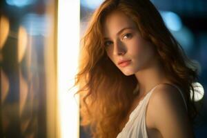 hermosa joven mujer con largo rojo pelo posando en frente de un ventana generativo ai foto