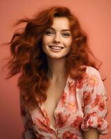 beautiful redhead woman with long red hair posing on pink background generative AI photo