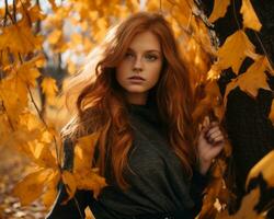 beautiful red haired woman posing in front of a tree with yellow leaves generative AI photo