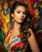 beautiful woman in colorful dress posing in front of colorful background generative AI photo