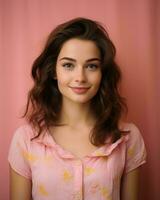 beautiful young woman in pink shirt posing against a pink background generative AI photo