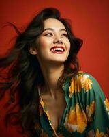 beautiful young asian woman with long hair and smiling on red background generative AI photo